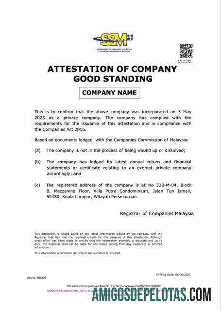 Atestado realista de empresa em situação regular na Malásia, modelo Word e PDF